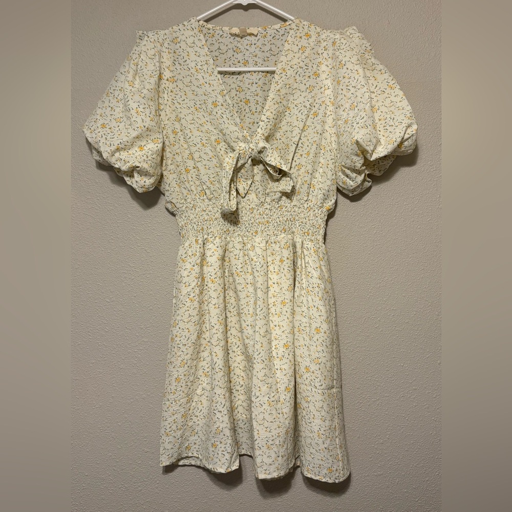 Promesa Cream Floral Mini Dress with Yellow & Green Print